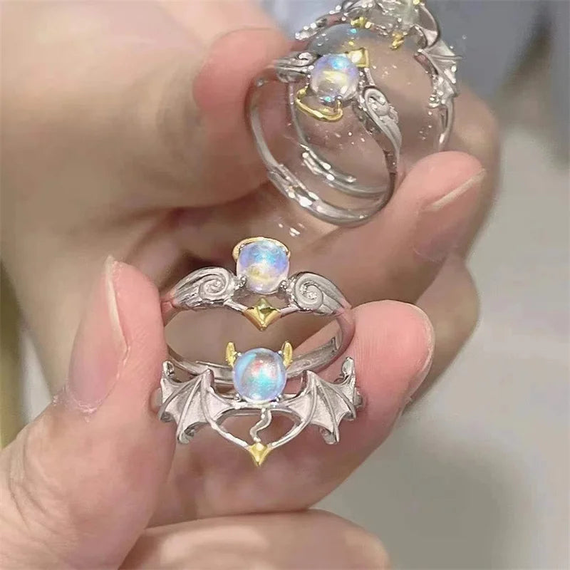 Luxury Crystal Angel Demon Couple Rings for Women Men Romantic Fashion Wings Design Adjustable Engagement Ring Wedding Jewelry