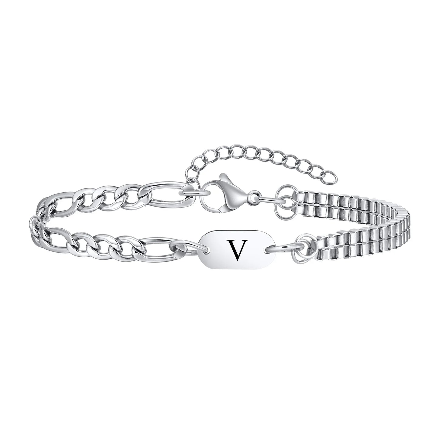 Vnox A-Z Initial Bracelets for Men Women, Never Fade Figaro Chain, Double Layered Box Link Chain Bracelets, Name Gift for Him