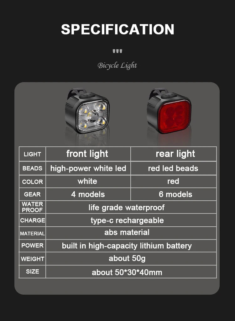 Bicycle Lights High Bright Cycling Lamp Front and Rear USB Rechargeable MTB Bike Headlight Taillight Waterproof Lantern Lighting