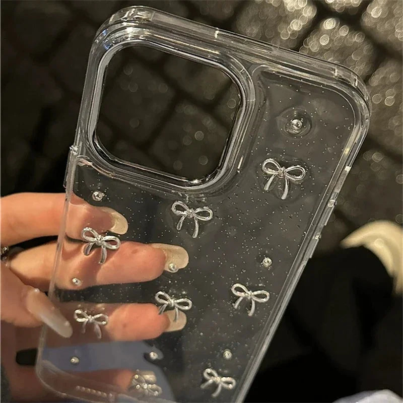 INS Japan Korea Silver Bowknot Phone Case For iPhone 15 16 14 13 12 11 Pro Max X XS XR 7 8 Plus Girl Epoxy Clear Glitter Cover