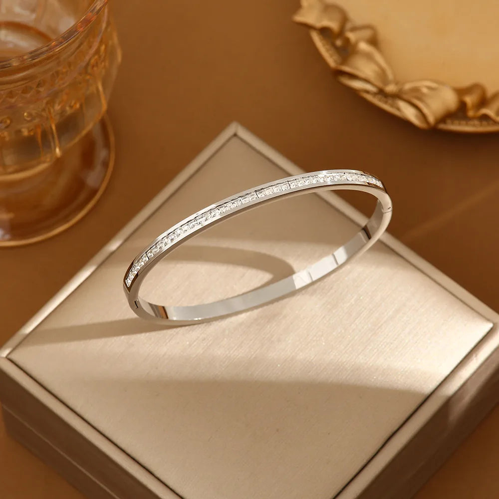 Htpwe Stainless Steel Diamond Ring Stacking Bracelet Women 18k Gold Plated Couple Holiday Gift Fashion Bracelet Party Jewelry