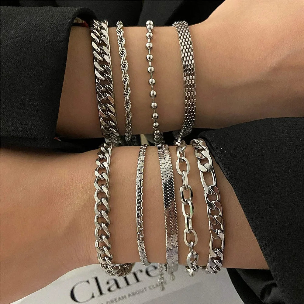 Stainless Steel Cuban Chain Bracelet for Men Women Figaro Vintage Metal Viking Kpop Pulseras Emo Cute Luxury Jewelry Gift
