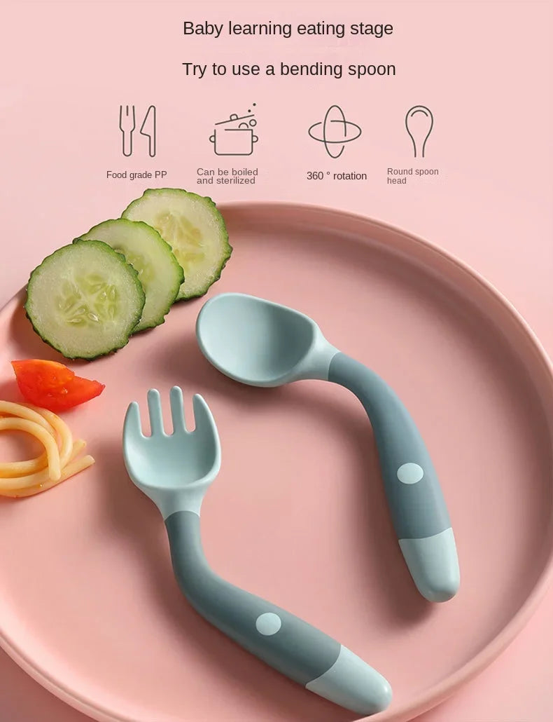 Baby Children Spoon Fork Set Soft Bendable Silicone Scoop Fork Kit Tableware Toddler Training Feeding Cutlery Utensil