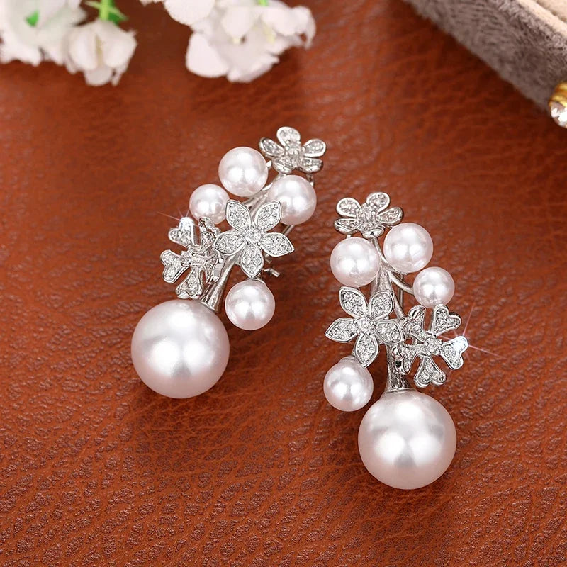 Newly Design Flower Earrings with Elegant Imitation Pearl Engagement Wedding Aesthetic Earrings for Women Fashion Jewelry