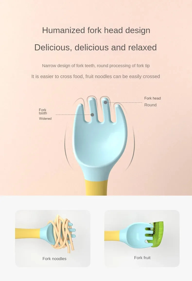 Baby Children Spoon Fork Set Soft Bendable Silicone Scoop Fork Kit Tableware Toddler Training Feeding Cutlery Utensil