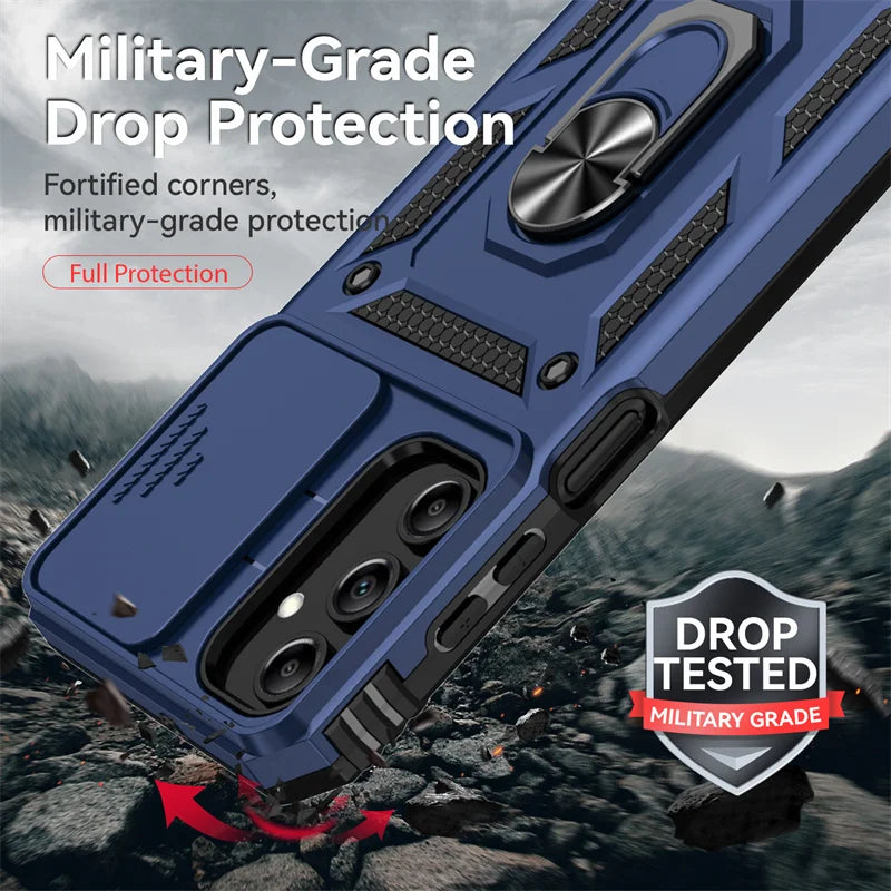 Slide Camera Lens Military Grade Armor Case For Samsung Galaxy A15 A25 A35 A55 5G Phone Holder Ring Stand Cover