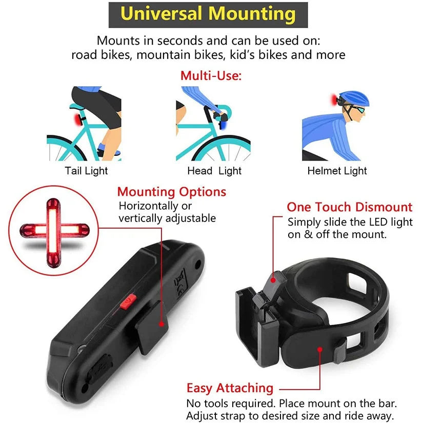 Bicycle Rear Light Waterproof USB Rechargeable LED Safety Warning Lamp Bike Flashing Accessories Night Riding Cycling Taillight