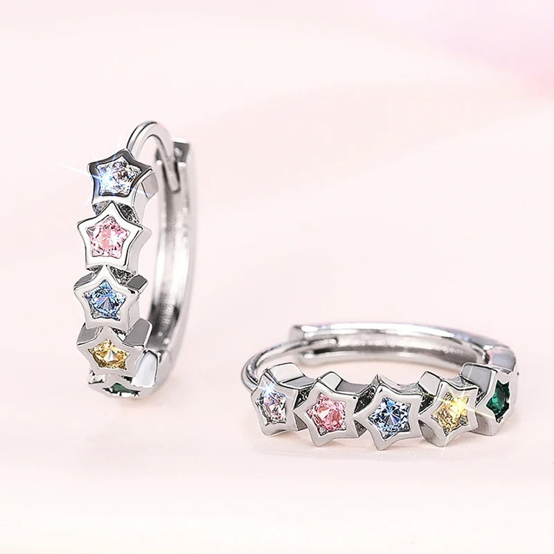 Trendy Star Hoop Circle Earrings Female Bright Rainbow Colored Zirconia Accessories Silver Color Jewelry for Daily Wear