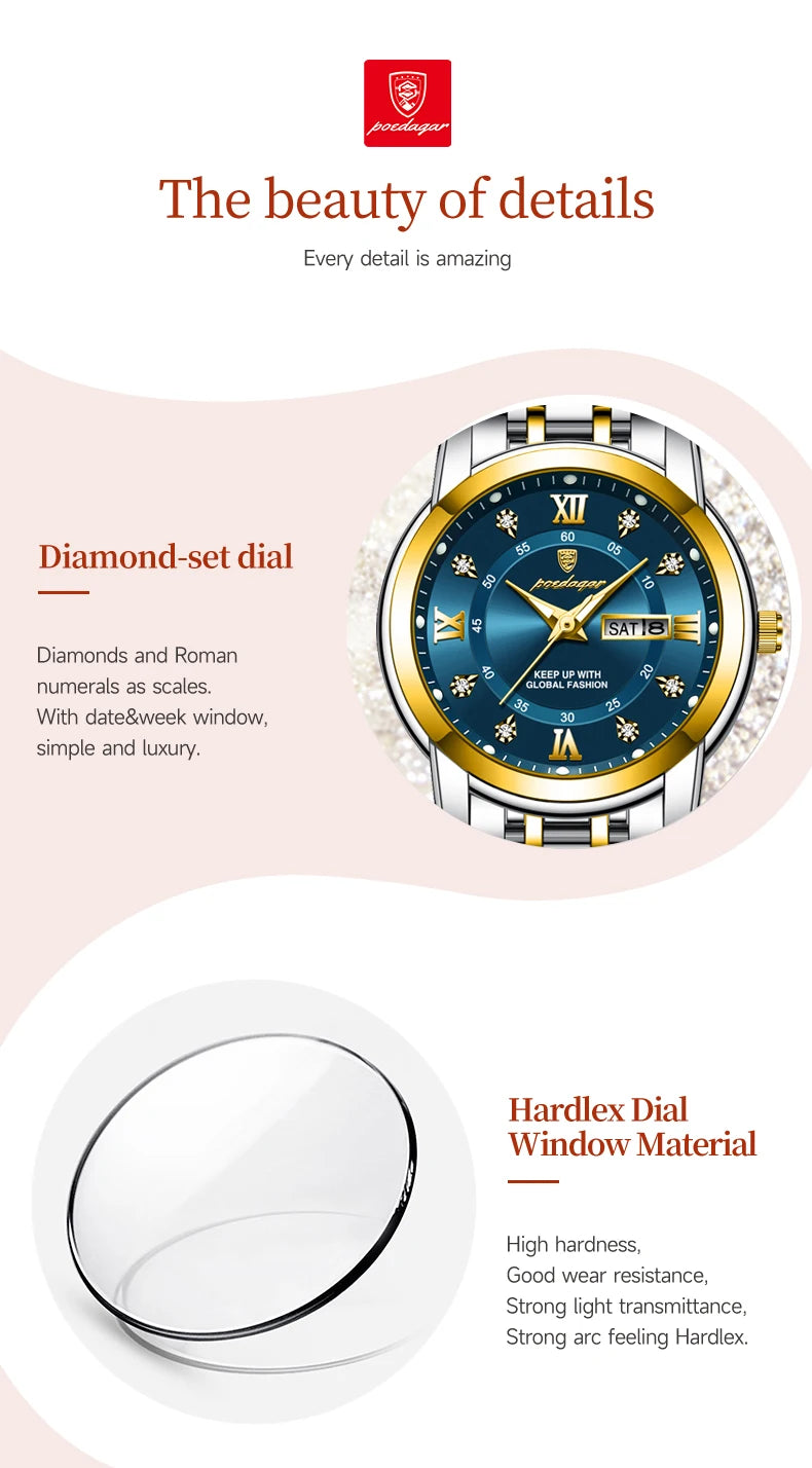 POEDAGAR Luxury Women Wristwatch Waterproof Luminous Date Week Women's Watches Stainless Steel Elegant Dress Quartz Ladies Watch