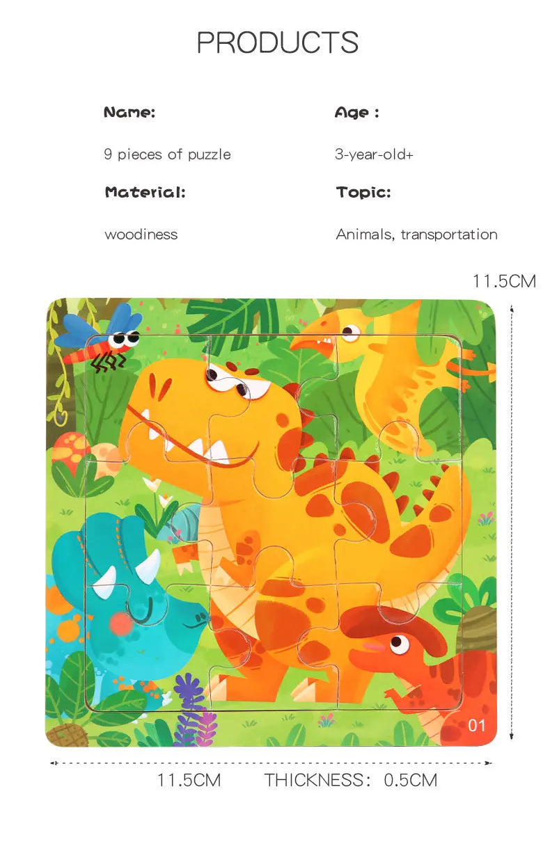 9 Piece Small Wooden Puzzle Cartoon Animal Vehicle 11x11cm Wood 3d Puzzle Montessori Educational Toys For Kids Gifts