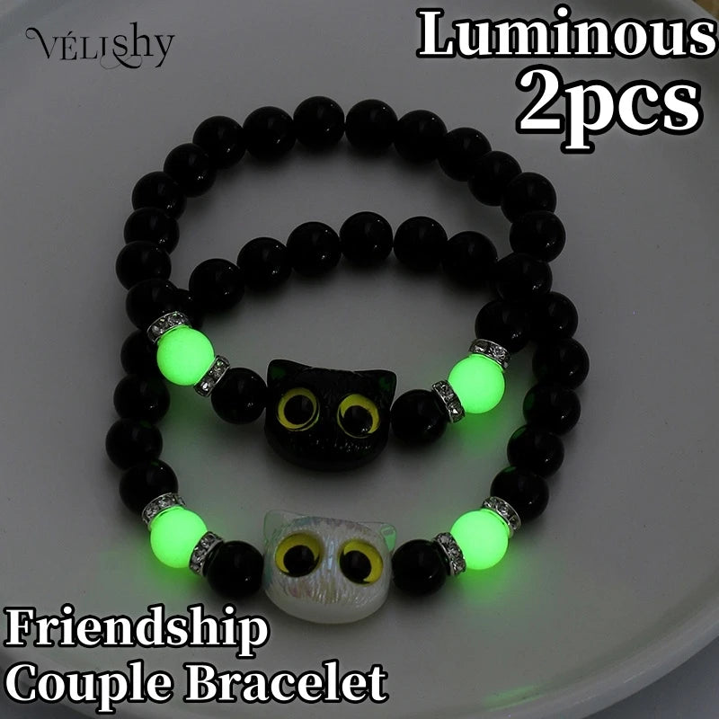Cute Big Eye Cat Luminous Bracelets For Women Cartoon Animal Pendant Beaded Hand Chain Friendship Couple Bracelet Jewelry Gift