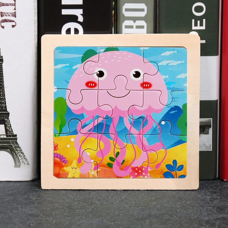 Baby Wooden Toys 11x11cm Jigsaw 3d Puzzle Cartoon Animal Traffic Wooden Puzzle Game Montessori Educational Toys For Children