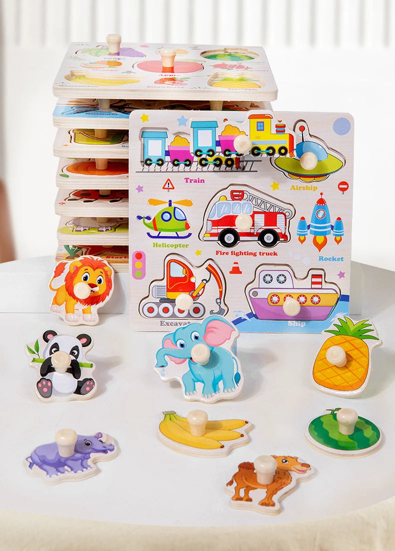 Montessori Wooden Puzzles Cartoon Animal Fruit Hand Grab Board Cognition Jigsaw Puzzle Game Learning Educational Toys For Kids