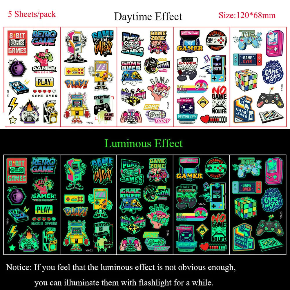 5 Sheets Luminous Tattoo Stickers Temporary Colorful Animal Dinosaur Tattoo Cute Tattoo Stickers Children's Body Tatto