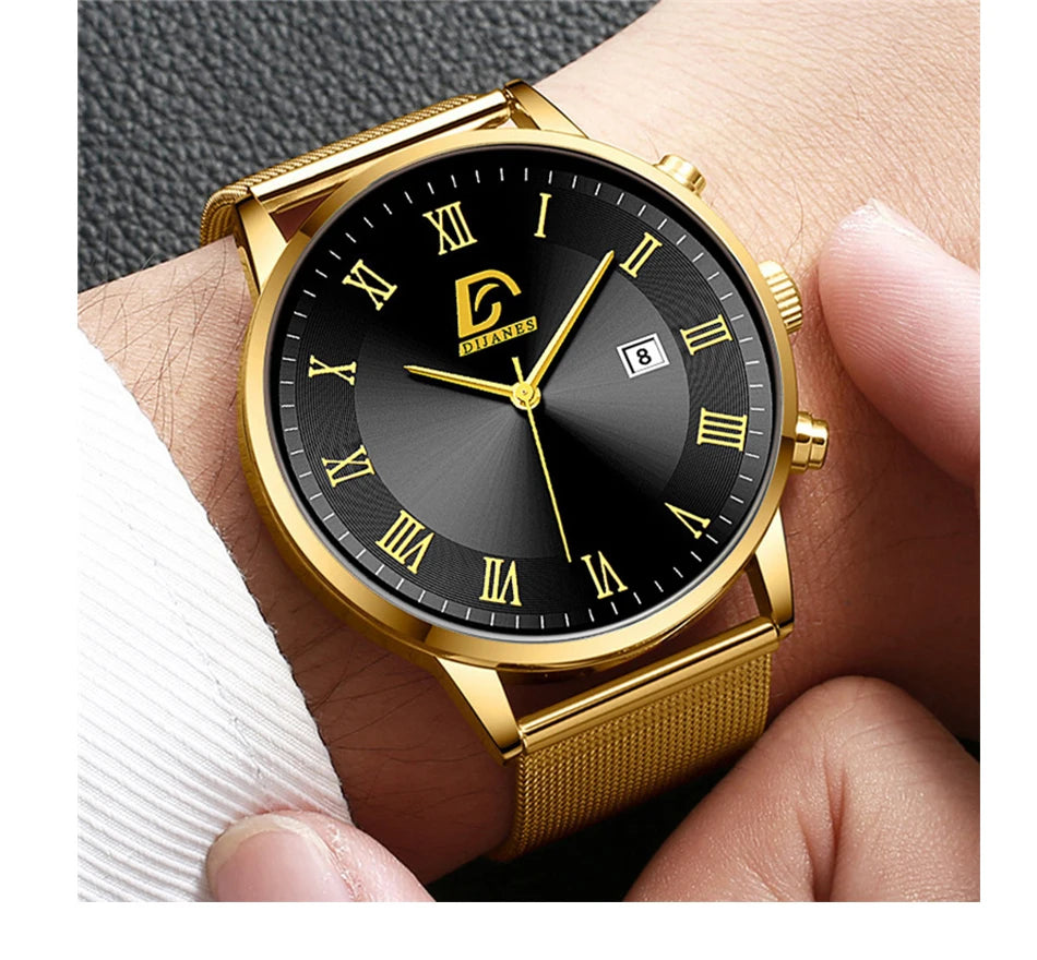 2PCS Set Fashion Mens Calendar Watches Luxury Men Business Gold Stainless Steel Mesh Belt Quartz Watch Male Necklace Wristwatch