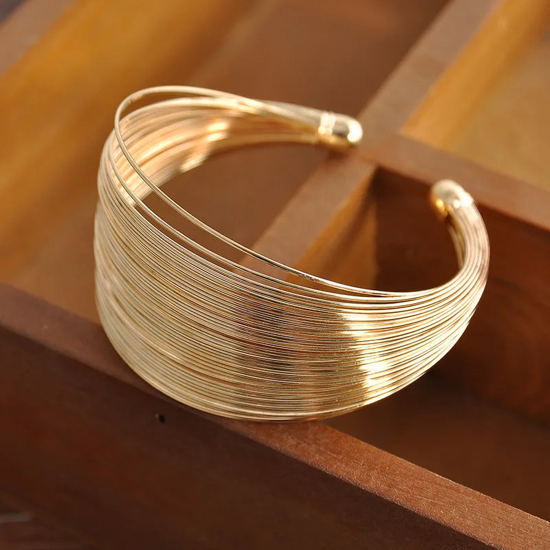 1PC Retro Gold Multi Layer Open Wide Cuffs Women's Punk Metal Adjustable Personalized Bracelet Jewelry Outdoor Party Gift-5034