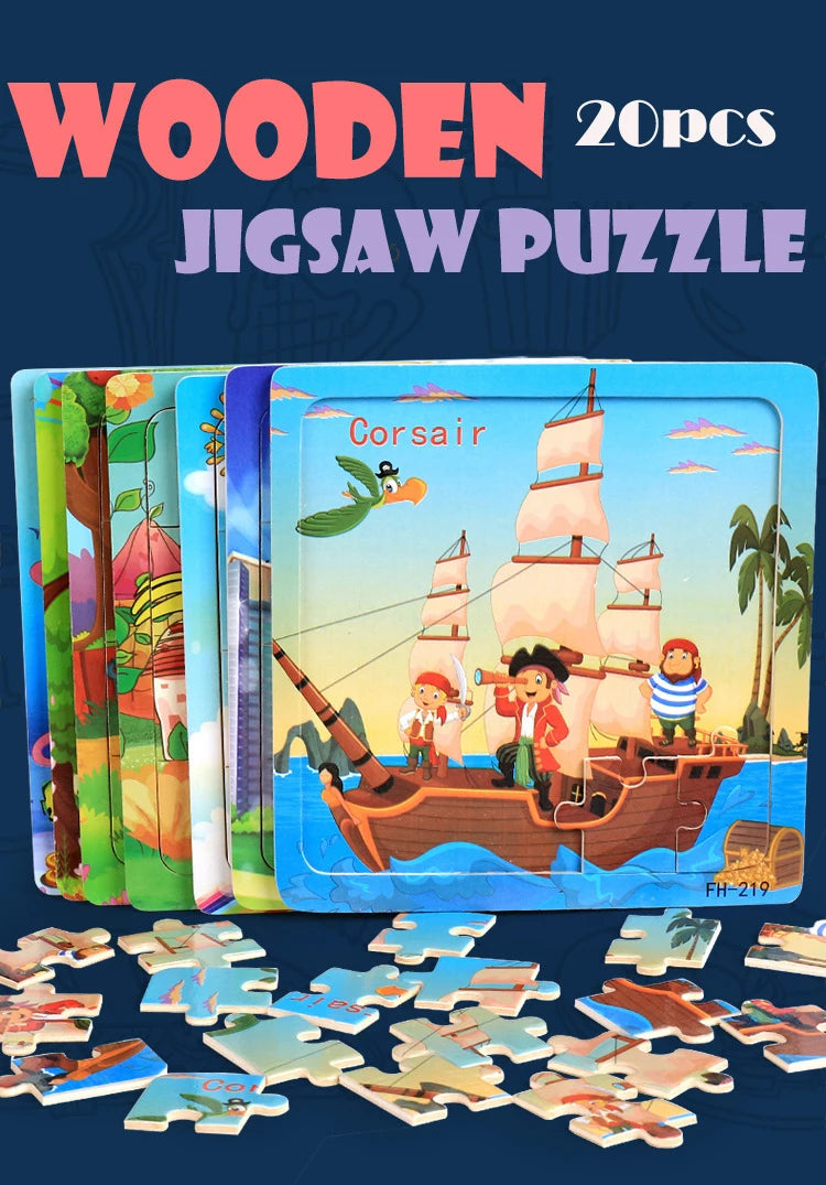 Baby Toys 20Piece Wooden Puzzle Cartoon Animal Vehicle 3D Jigsaw Puzzle Game Montessori Educational Toys For Children Gifts
