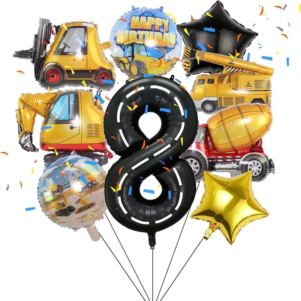 Architectural Birthday Party Decoration, 9 Pieces of Architectural Birthday Numbers Aluminum Foil Balloons Suitable for Architectural Trucks Birthday Architectural Theme Party Supplies