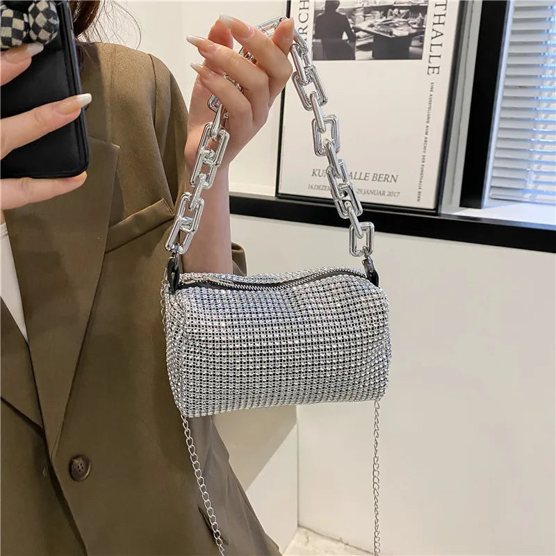 Allover Rhinestone Bucket Bag, Glitter Chain Prom Purse, Women's Mini Crossbody Bag (18cm*13cm*13cm)