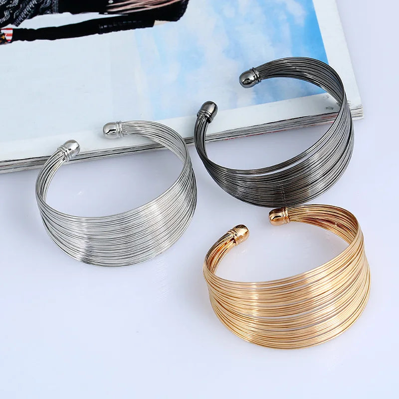 1PC Retro Gold Multi Layer Open Wide Cuffs Women's Punk Metal Adjustable Personalized Bracelet Jewelry Outdoor Party Gift-5034
