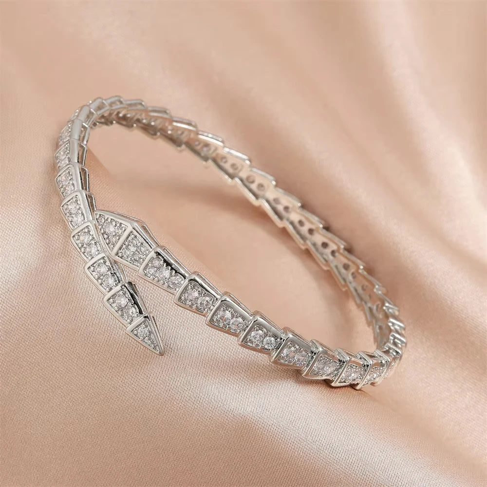 Luxury Shiny AAA Cubic Zirconia Snake Bone Bangles Female Sliver Color Wedding Party Cuff Bracelet for Women Trendy Party Gift
