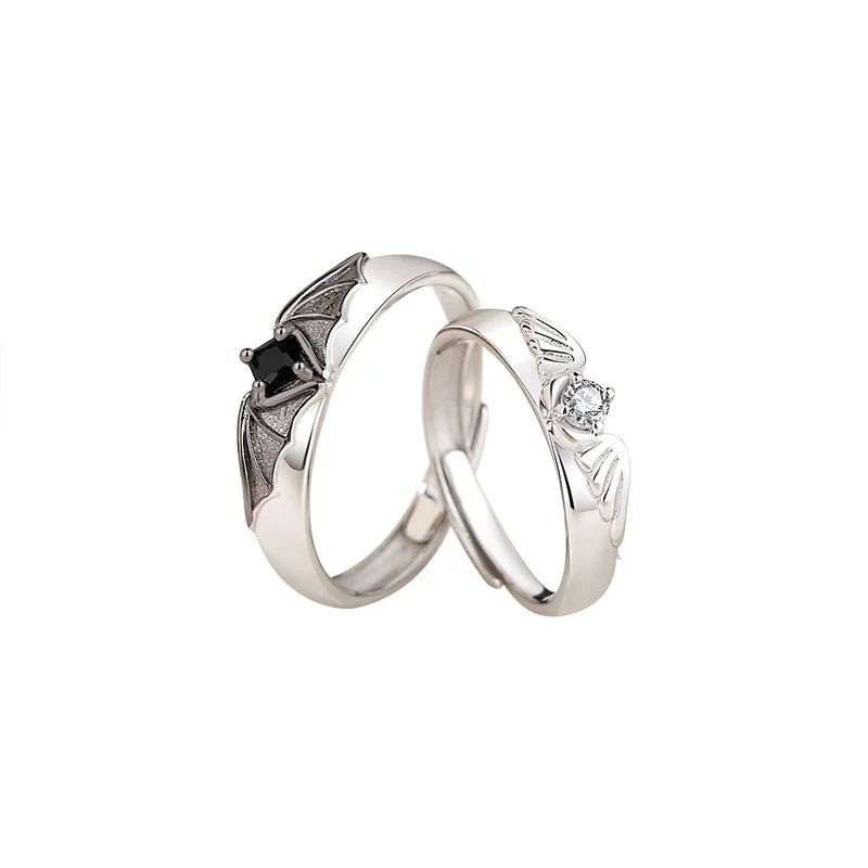 Luxury Crystal Angel Demon Couple Rings for Women Men Romantic Fashion Wings Design Adjustable Engagement Ring Wedding Jewelry