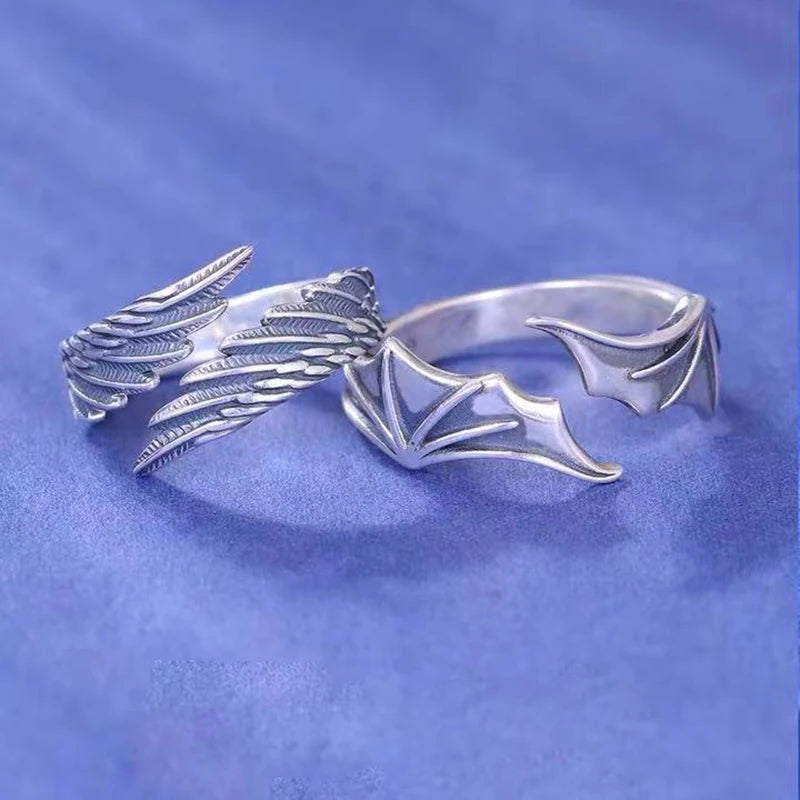 Luxury Crystal Angel Demon Couple Rings for Women Men Romantic Fashion Wings Design Adjustable Engagement Ring Wedding Jewelry