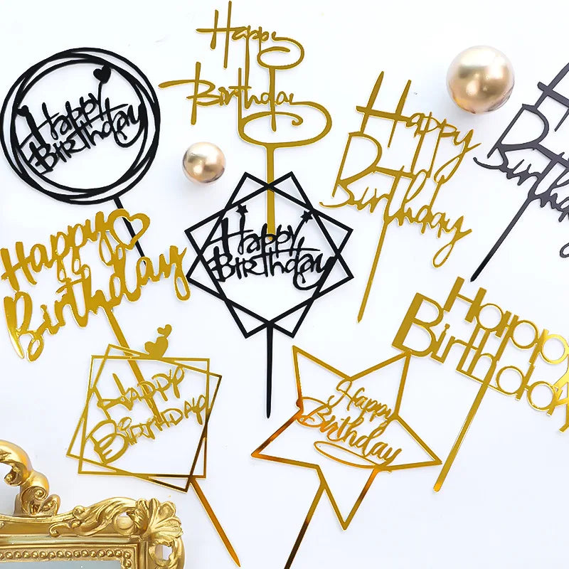 10pcs Multiple Styles Happy Birthday Cake Topper black Gold Cake Toppers Baby Shower Cake Birthday Party Cake Flag Decorations