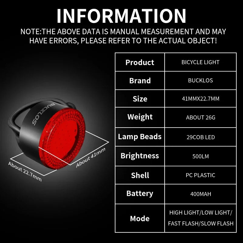 BUCKLOS Bicycle Light Set Highlight COB LED Front Rear Lamp Waterproof USB Rechargeable Bike Taillights Cycling Safety Headlight