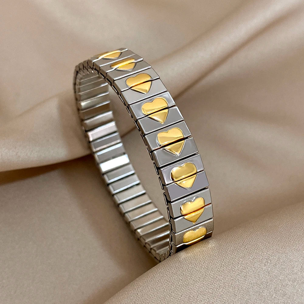 AENSOA Vintage Elasticity Stainless Steel Bangles Bracelet for Women Classic Heart Square Adjustable Wristband Waterproof Bangle