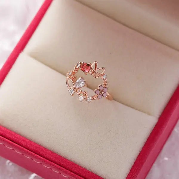 Fashion Crystal Zircon Rings Sweet Flower Leaf Butterfly Adjustable Open Rings Female Wedding Engagement Jewelry Gift