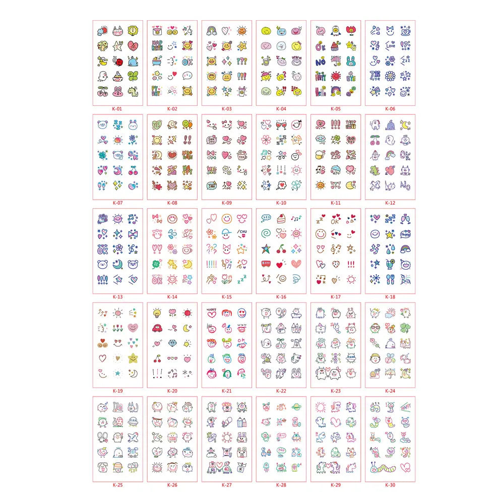 30 Sheets Cute Cartoon Temporary Tattoos for Hands Waterproof Tattoo Stickers for Children Rainbow Fruit Moon Fake Finger Tattoo