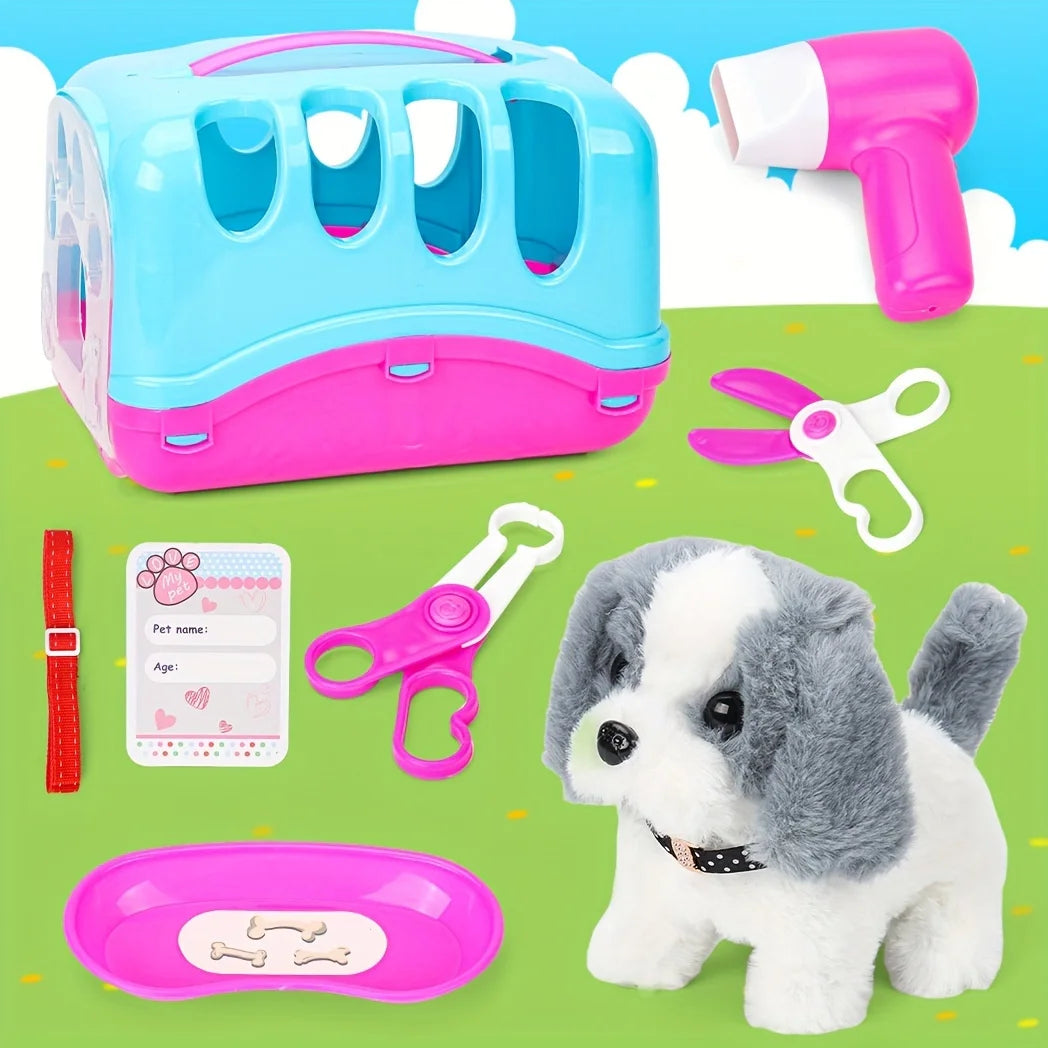 Pet Puppy Care Accessories with Dog House -Simulated Brador Dog Call Plush Toy - Children Interactive Vet Clinic Doctor - Role