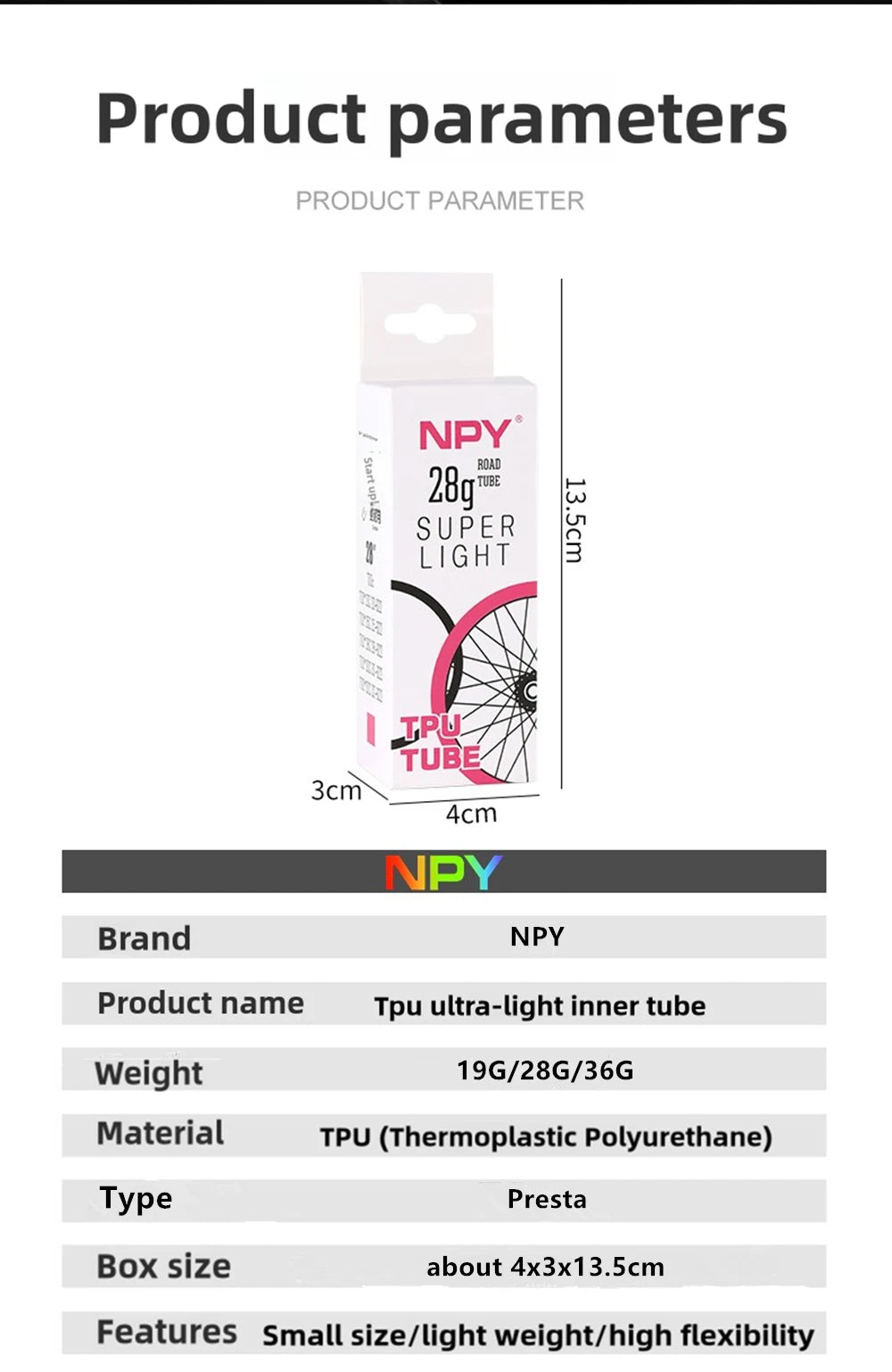 NPY 1Pcs Ultralight 28g Bike TPU Inner Tube 700X18 25 28 32 Road Bicycle TPU Material Tire 65mm Length French Valve