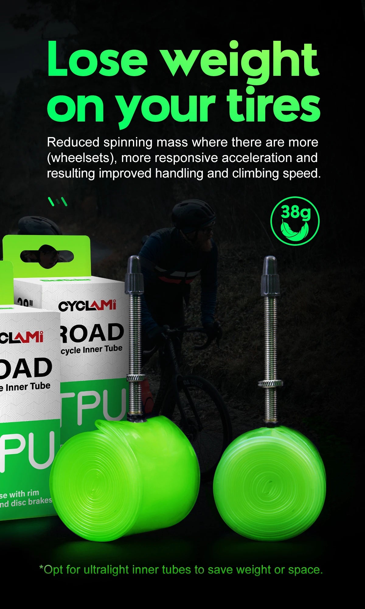CYCLAMI Ultralight Bike TPU Inner Tube 700C 700 X 18 23 25 28 30 32 Road Bicycle TPU Material Tire 45mm 60mm Length French Valve