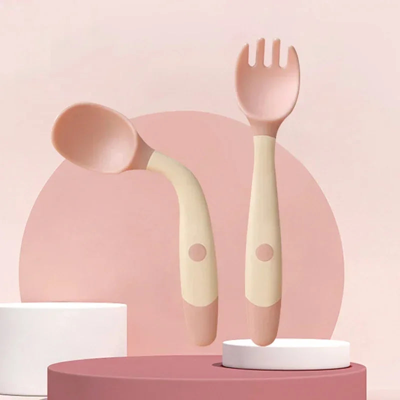 Baby Children Spoon Fork Set Soft Bendable Silicone Scoop Fork Kit Tableware Toddler Training Feeding Cutlery Utensil