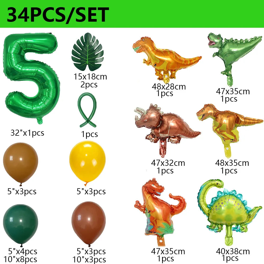 34Pcs 1 2 3 Years Dinosaur Birthday Party Dino Balloons Palm Leaf Set First Bthday Boy Party Kids Baby Shower Jungle Safari Deco