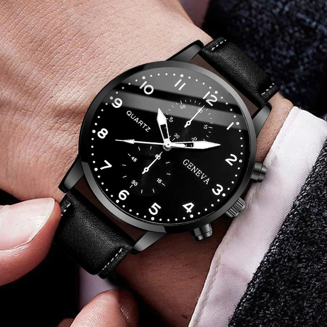 5PCS/Set Men's Business Watches Fashion Arabic Dial Leather Band Quartz Watch Bracelets Set(Without Box)
