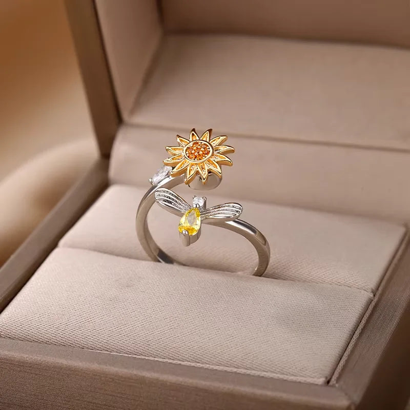 Anti Stress Anxiety Fidget Rings for Women Stainless Steel Sunflower Sun Star Spinner Ring Christmas Jewelry Gifts