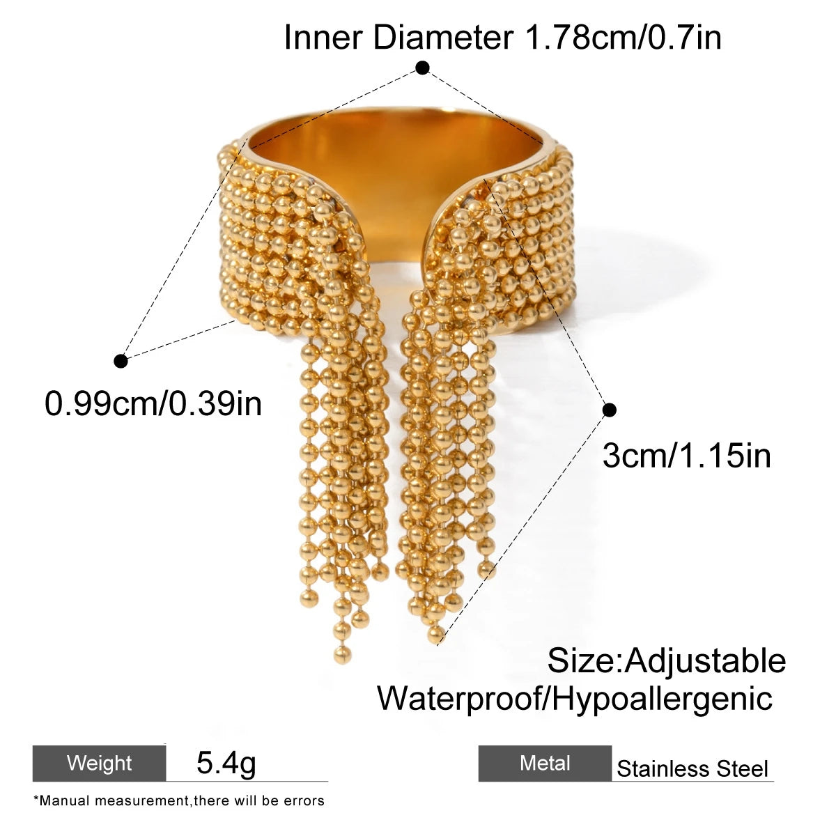 Stylish Stainless Steel Chain Tassel Ring Adjustable 18K PVD Gold Plated High Quality Charming Fashion Gold Jewelry