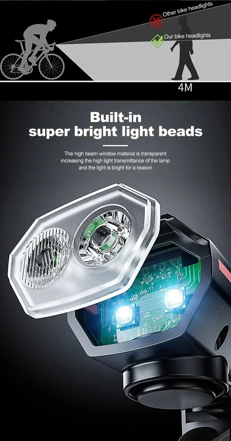 Bicycle Front Light USB Rechargeable with 120dB Horn Highlight Mtb Road Bike Headlight Night Riding Warning Lamp Cycling Light