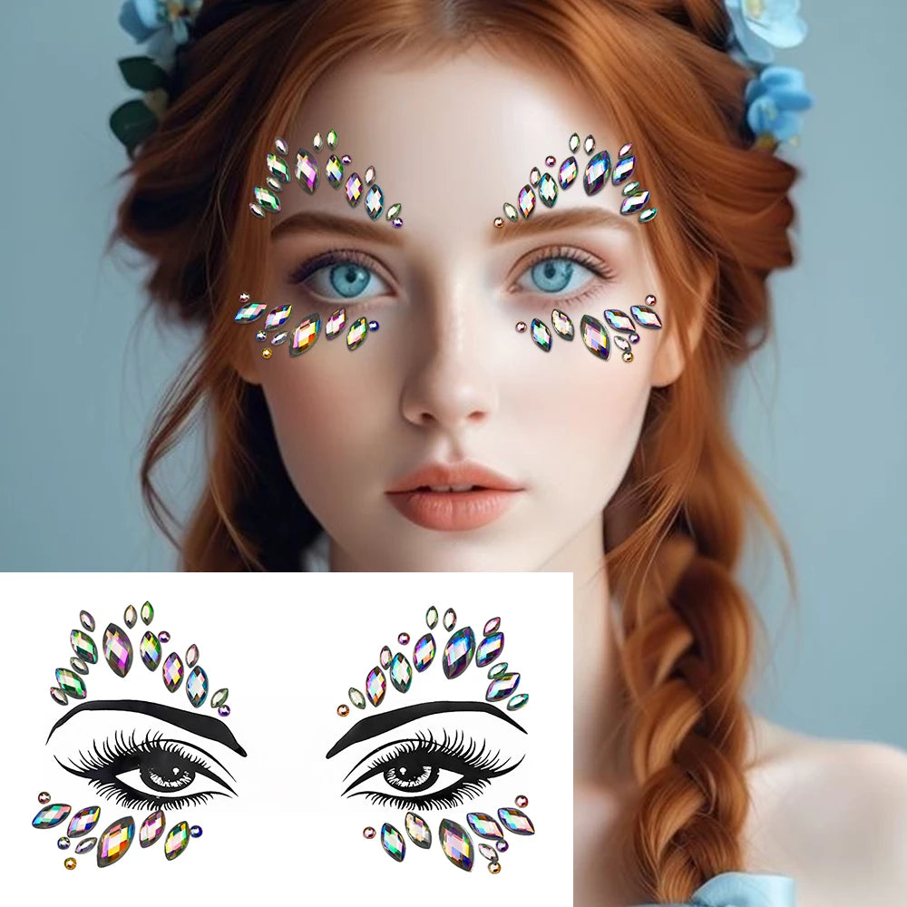 3D Face Eyes Party Makeup Tattoo Sticker Acrylic Diamond Rhinestones Sticker Self-adhesive Mixed Crystal Face Decoration Sticker