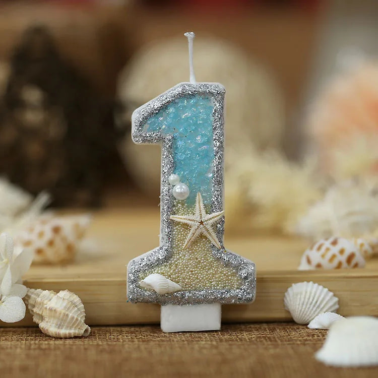 3inch Birthday Candle Large Number 4 Candle Marine style Beach Starfish Seashells Cake Topper for Kids Birthday Party Decoration