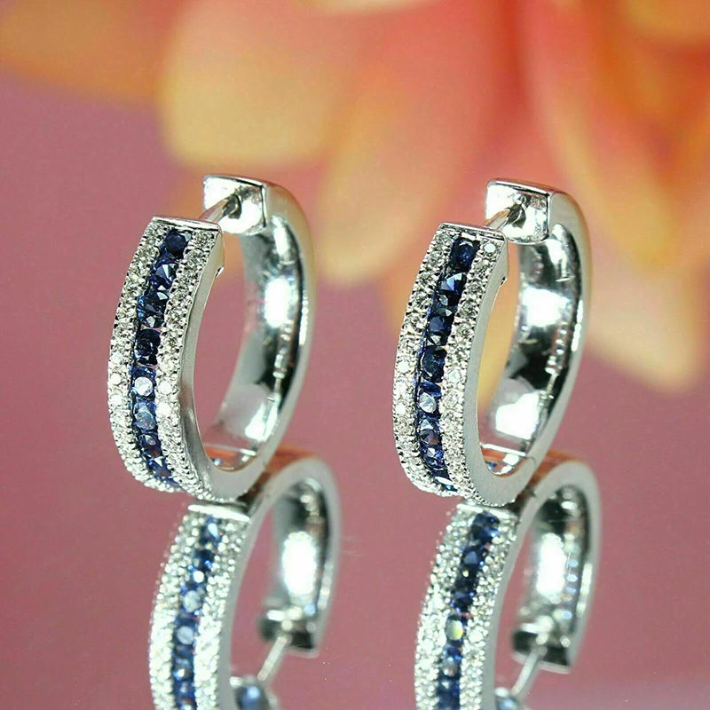 Silver Color Hoop Earrings with Blue Cubic Zirconia Delicate Women's Earrings New Modern Fashion Female Ear Jewelry