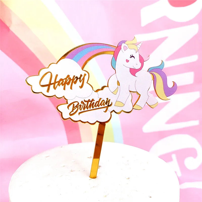 9 pcs unicorn rainbow cake topper unicorn with rainbow clouds stars Happy birthday cake decorations for girls one year old party
