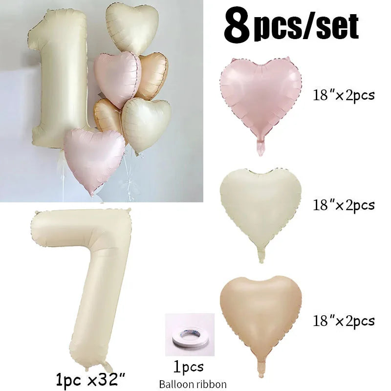 8pcs Cream Color Number Heart Foil Balloons Happy Birthday Party Decorations Kids Girl Boy 1 2 3 4 5 6 7 8 9 Year Old Supplies