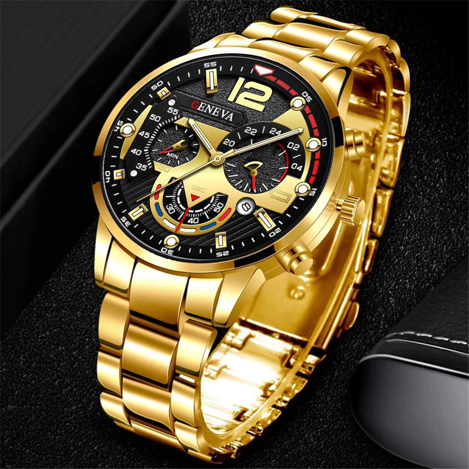 3PCS/Set Fashion Men's Watches Stainless Steel Band Analog Quartz Watch Calendar Watches Jewelry Set(Without Box)