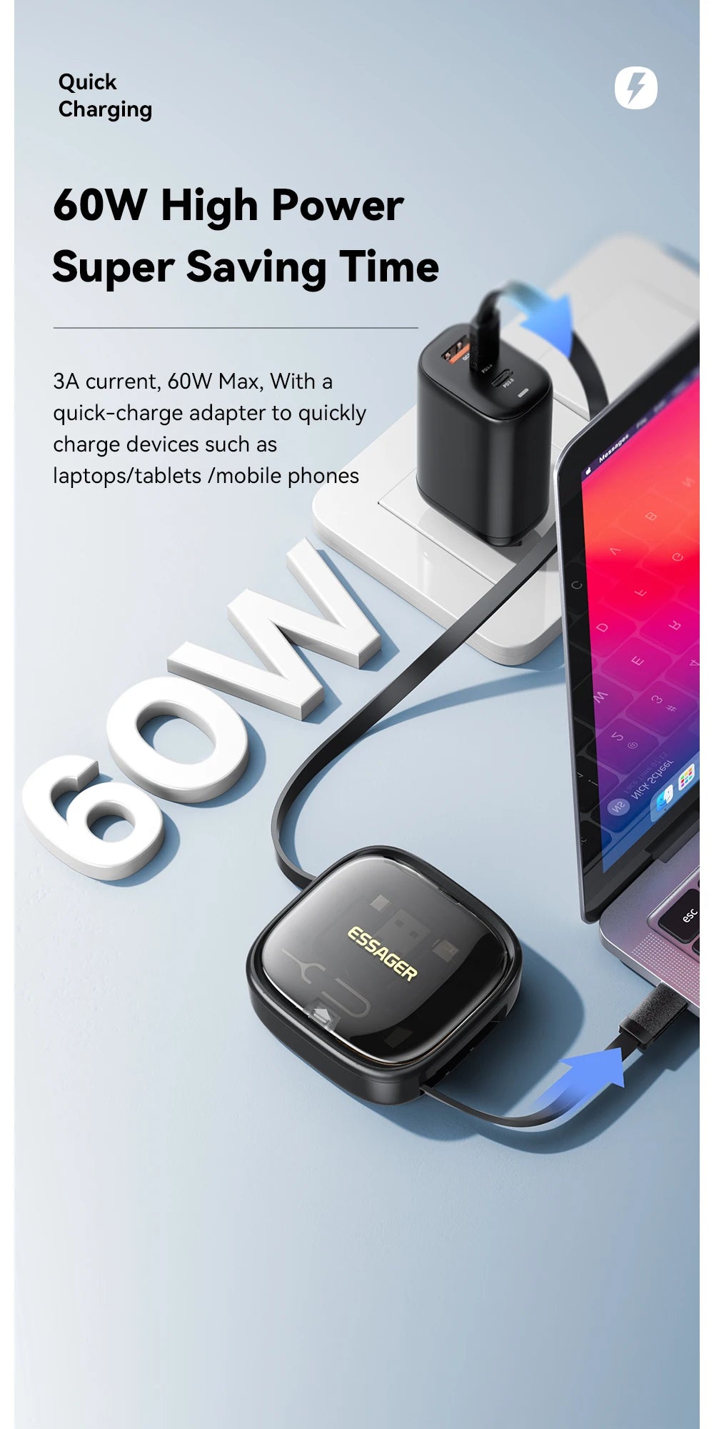 Essager USB C To Tpye C Cable PD 60W for Xiaomi Poco Fast Charging Data Travel Multi Functional Cord With Holder Storage Box