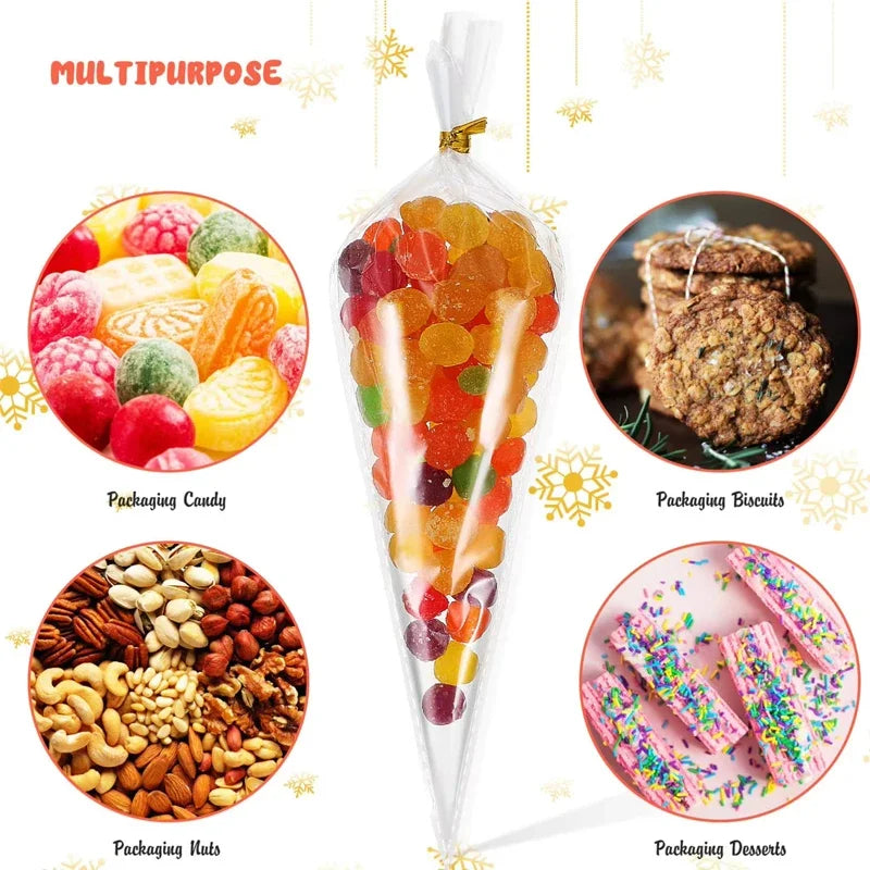 50pcs Candy Bags Cellophane Popcorn Bags Cone Cookies Storage Bags with Gold Twist Ties Wedding Birthday Party Favors