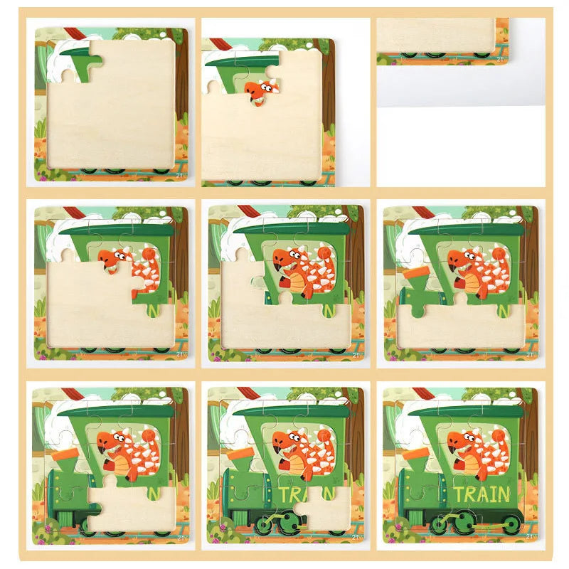 9 Piece Small Wooden Puzzle Cartoon Animal Vehicle 11x11cm Wood 3d Puzzle Montessori Educational Toys For Kids Gifts